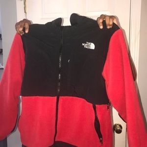 Red, black northface jacket